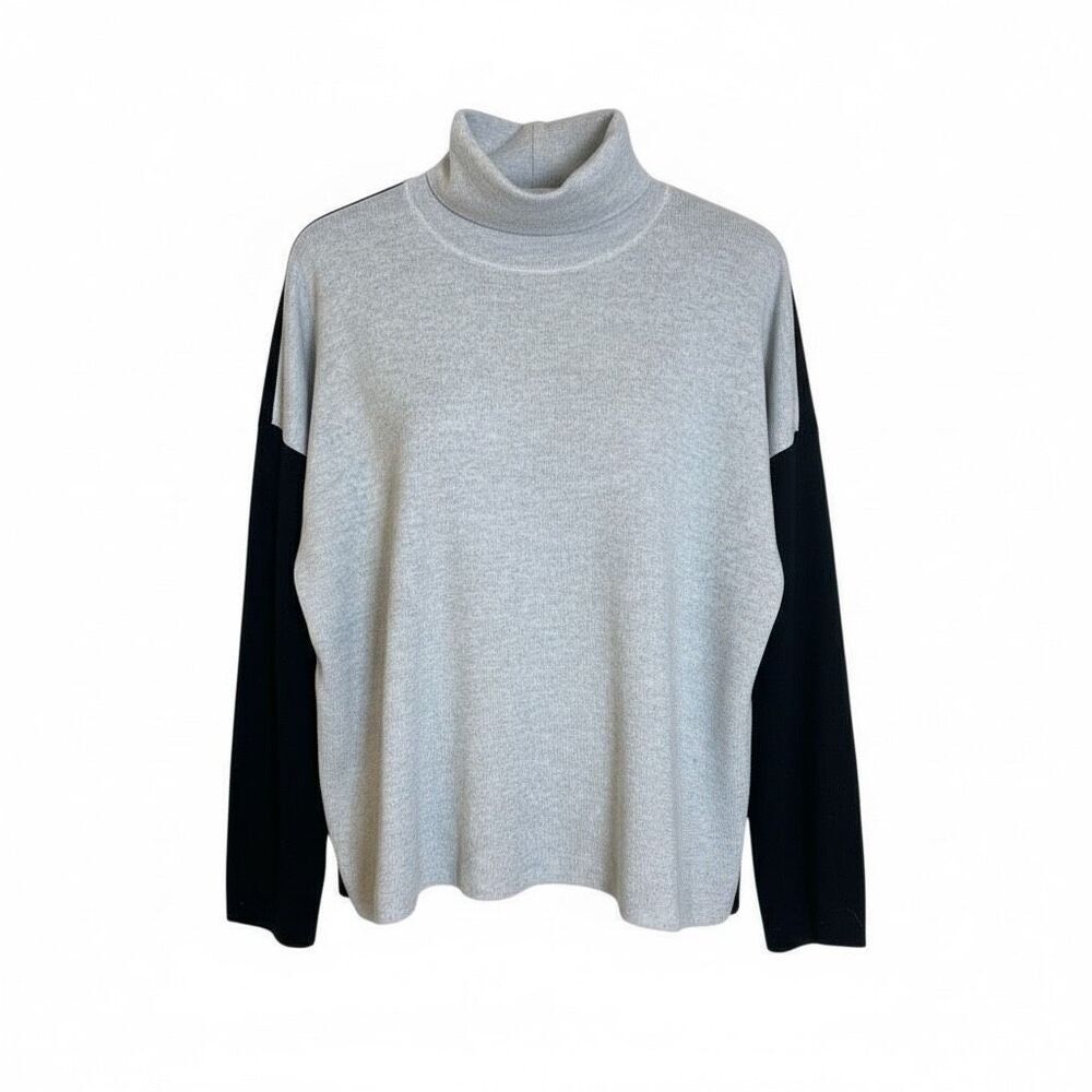 Eileen Fisher 100% Wool Colorblock Turtle Neck Pullover Sweater Black Gray Large